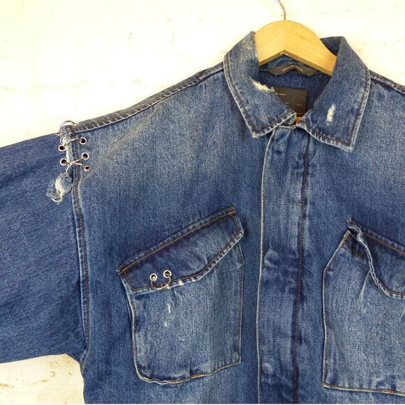 Zara Man 1975 Denim Field Jacket Men L Blue Utility Distress Embellished Grunge - Picture 5 of 14